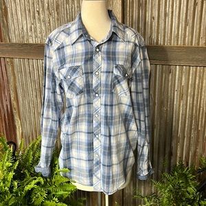 Blue plaid Rock & Roll Cowboy snap button western shirt size M
